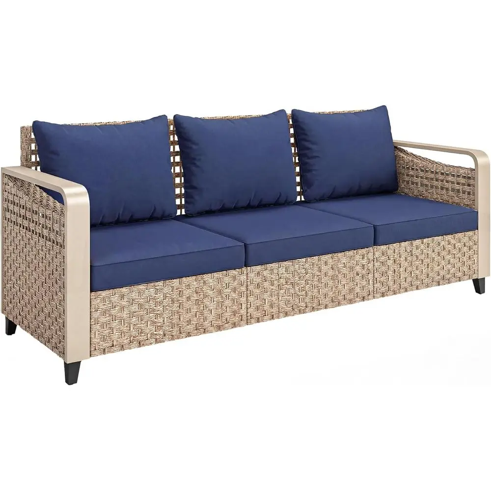 

3-Seater Wicker Outdoor Sofa with Wide Seats, Deep Cushions, Metal Armrests, Suitable for Patio, Garden, Backyard | Removable Co