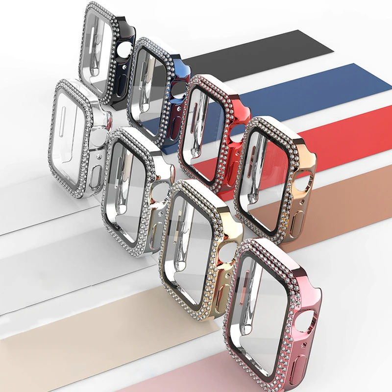 Vidro Temperado e Capa para Apple Watch, Bling Diamond Bumper, Protetor de Tela, Case para iWatch Series 9, 8, 7, 6, 5, 4, SE, 45mm, 41mm, 44 milímetros, 40 milímetros