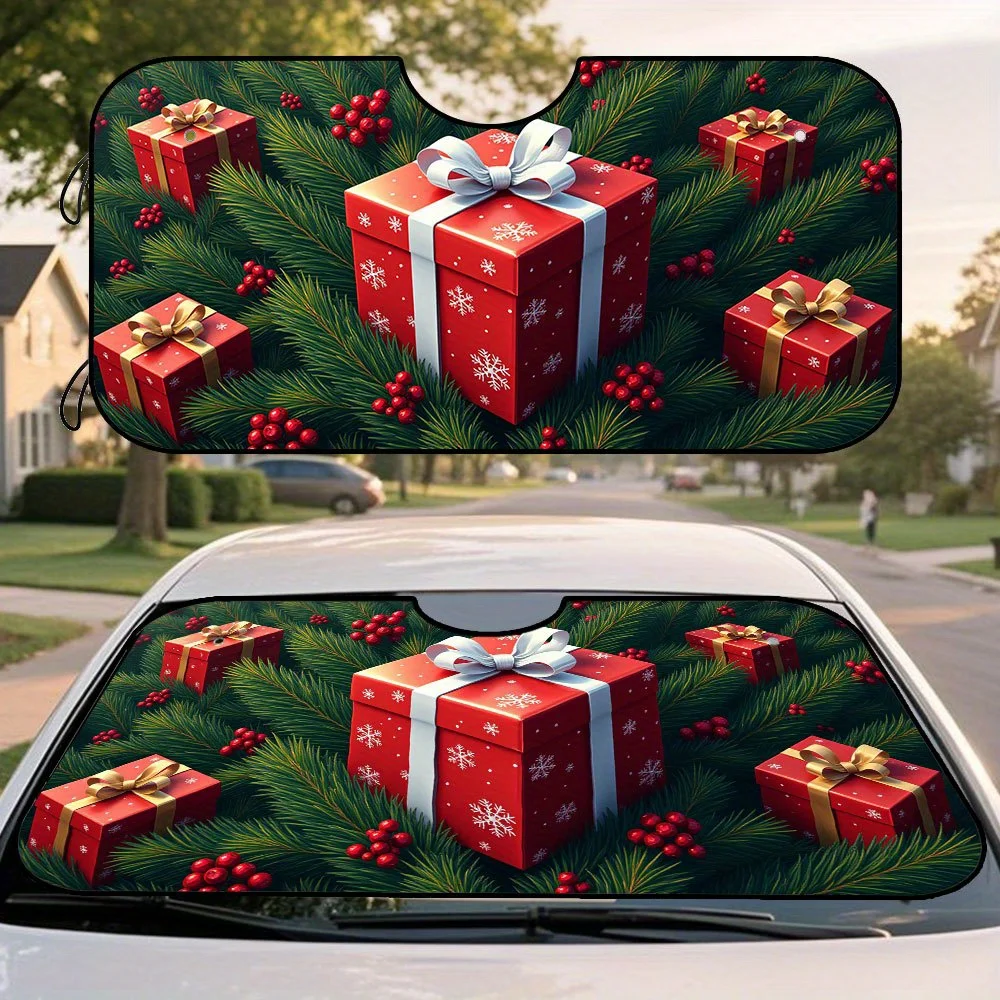 1pc, Holiday Presents Cheerful Red Design Car Windshield Sun Protector, Collapsible Sun Shield, Maintains Your Vehicle'S Coolnes