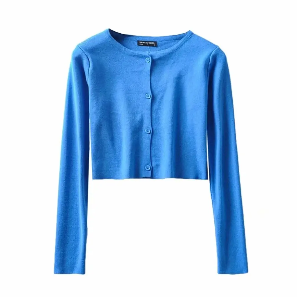 

Women's High Waist Navel Bottoming Long Sleeve Cardigan 6-Color round Neck Thin Single-Row Knitted Sweater for Spring