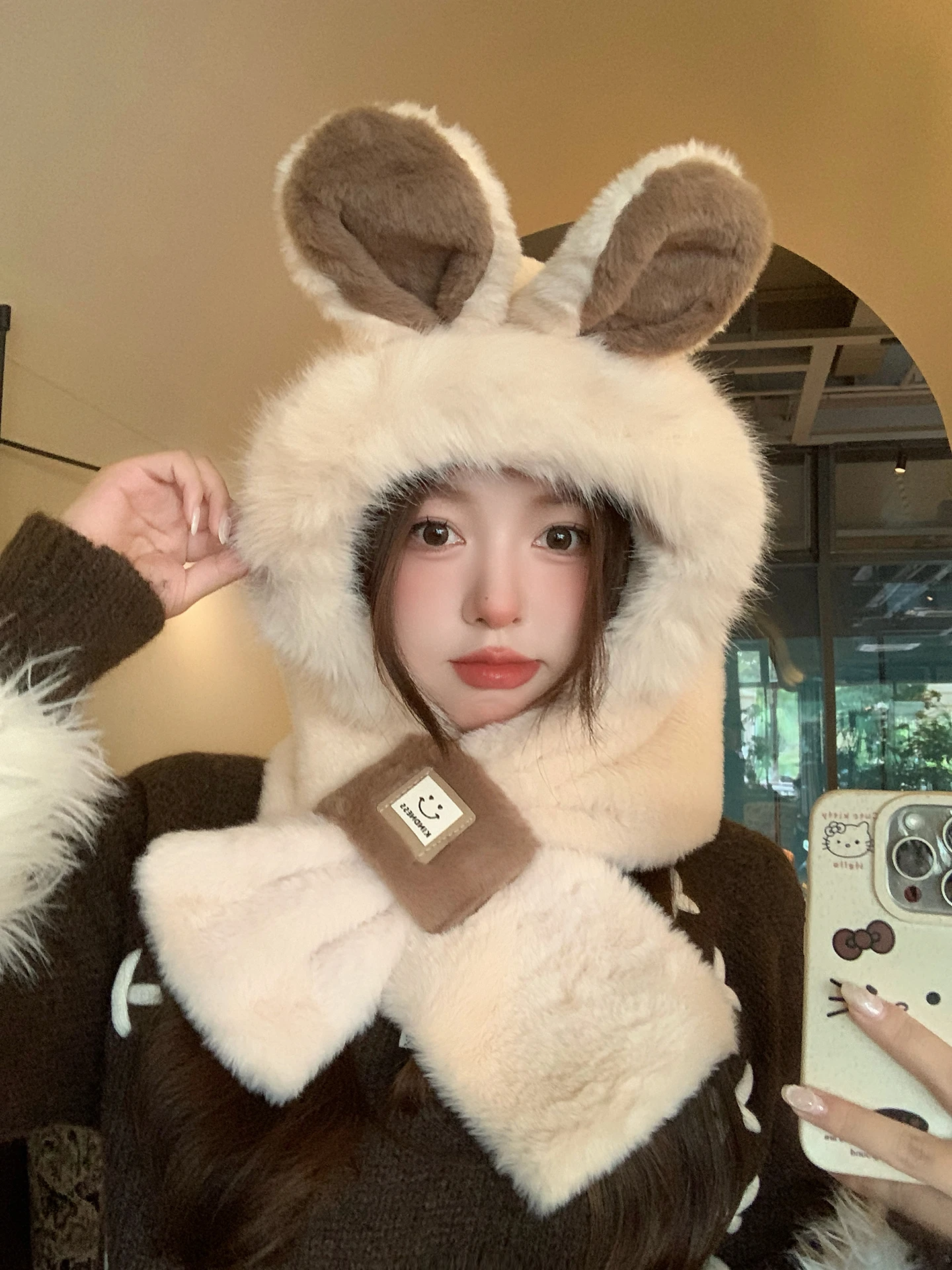 2Ni1 새로운 여성용 방풍 모자와 토끼 디자인의 따뜻한 스카프, 가을과 겨울에 적합, 목 따뜻한 모자, 깜짝 선물