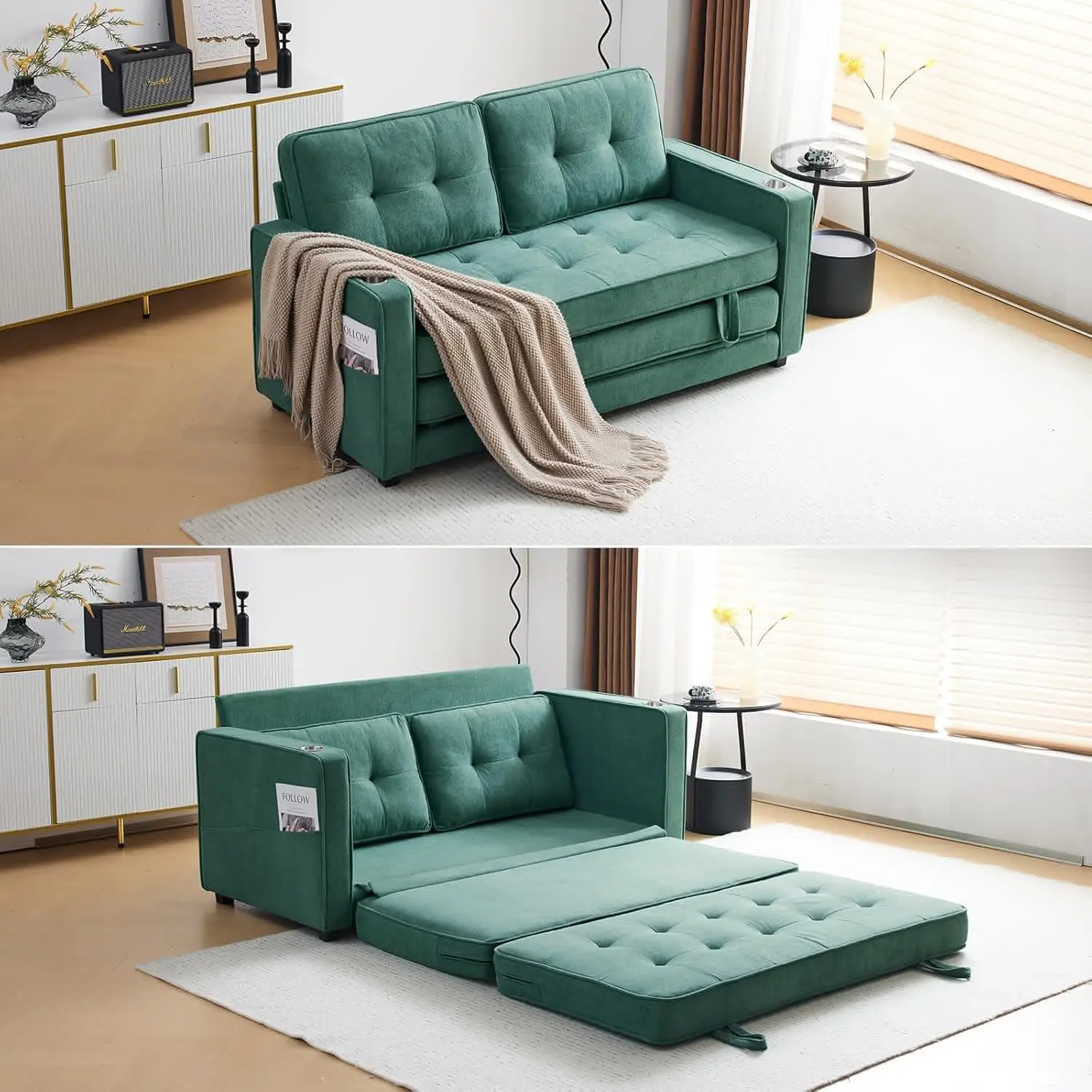 Sofa Bed Full Size Pull Out Couch Bed Teal Blue Futon Couch Loveseat Sleeper Floor Couches for Living Room Convertible Loveseat