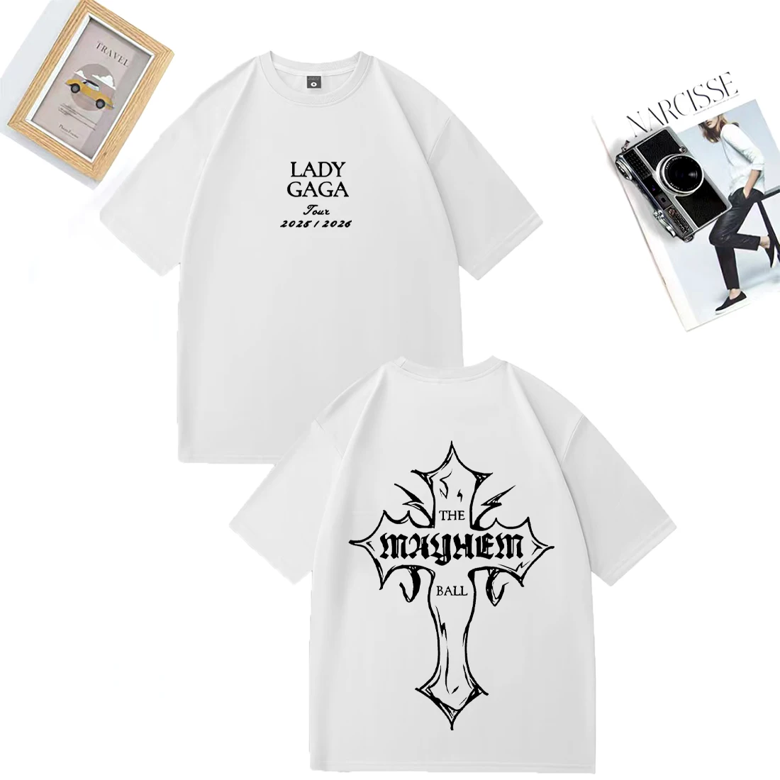 Lady Gaga MAYHEM Cross Cutoff กราฟิก T เสื้อผู้ชายผู้หญิง Street Hip Hop แขนสั้น vintage เสื้อผ้าสบายๆ 100% Cotton TShirts