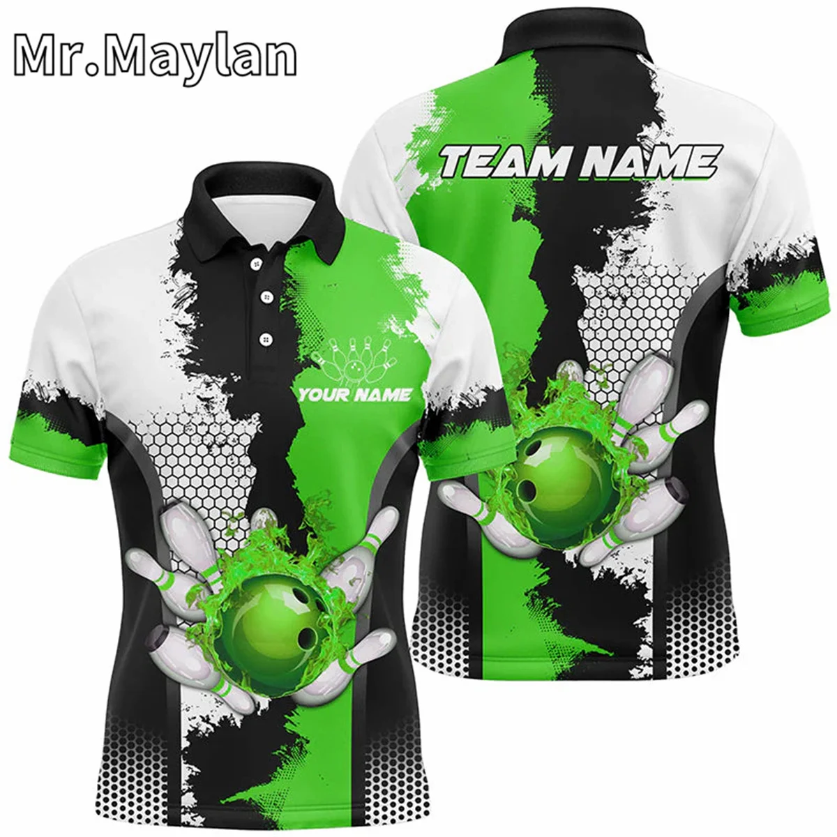 3D Black White Green Bowling Fire League Jerseys Custom Bowling Polo Shirts For Men And Women Gifts For Bowlers Unisex Tee Tops