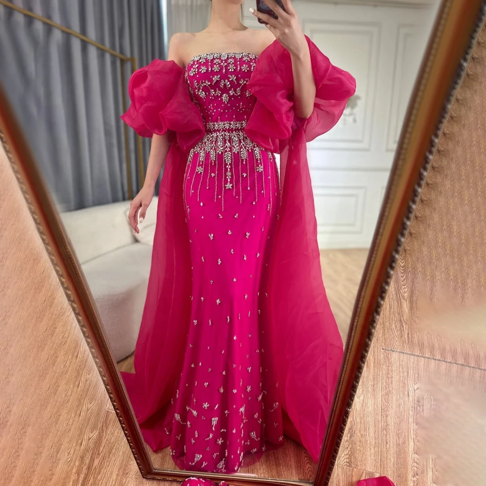 SERENE HILL Customized Arabic Fuchsia Luxury Beaded Mermaid Evening Dresses 2025 Detachable Sleevess Women Party Gowns CLA72002