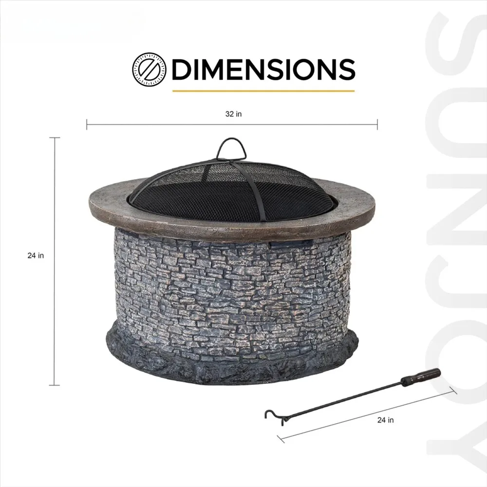 32 in. Fire Pits for Outside, Patio Round Stone Wood-Burning Large Fire Pits with Mesh Spark Screen and Fire Poker