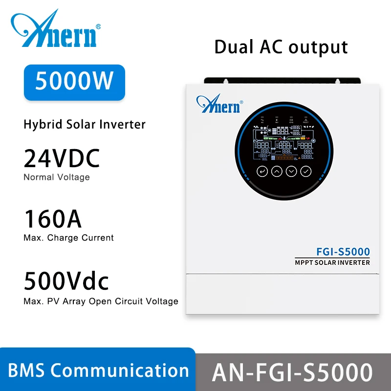 Anern 5KW 6.5KW Hybrid Inverter 24V 48V Dual AC Output MPPT 160A 120A Solar Inverters Max PV 500Vdc For Lithium and Lead-acid