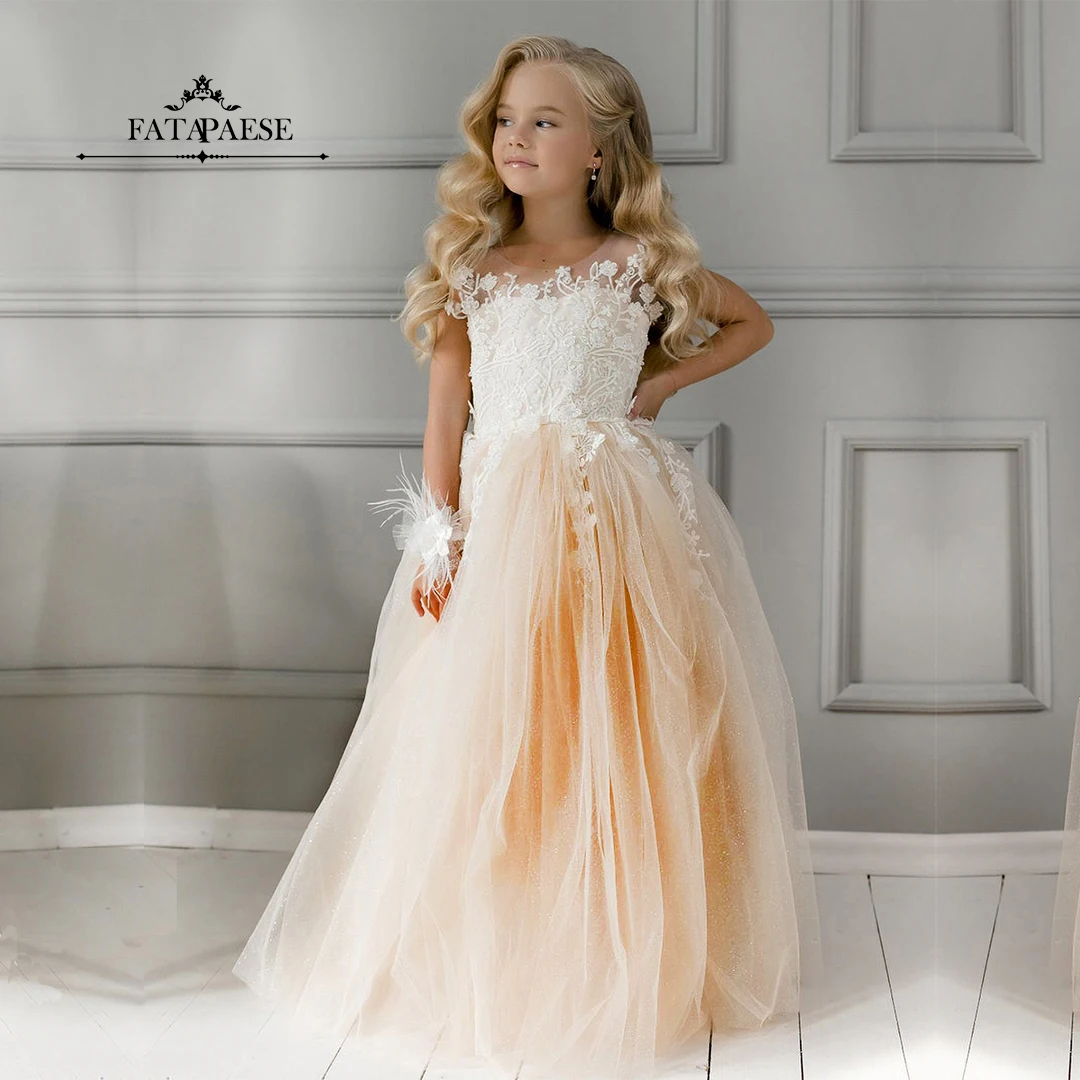 FATAPAESE Flower Girl Dress Champagne Glitter Lace Tulle Toddler Ball Gown Floral Embroidery Tutu Wed Even for Kids Bridesmaid