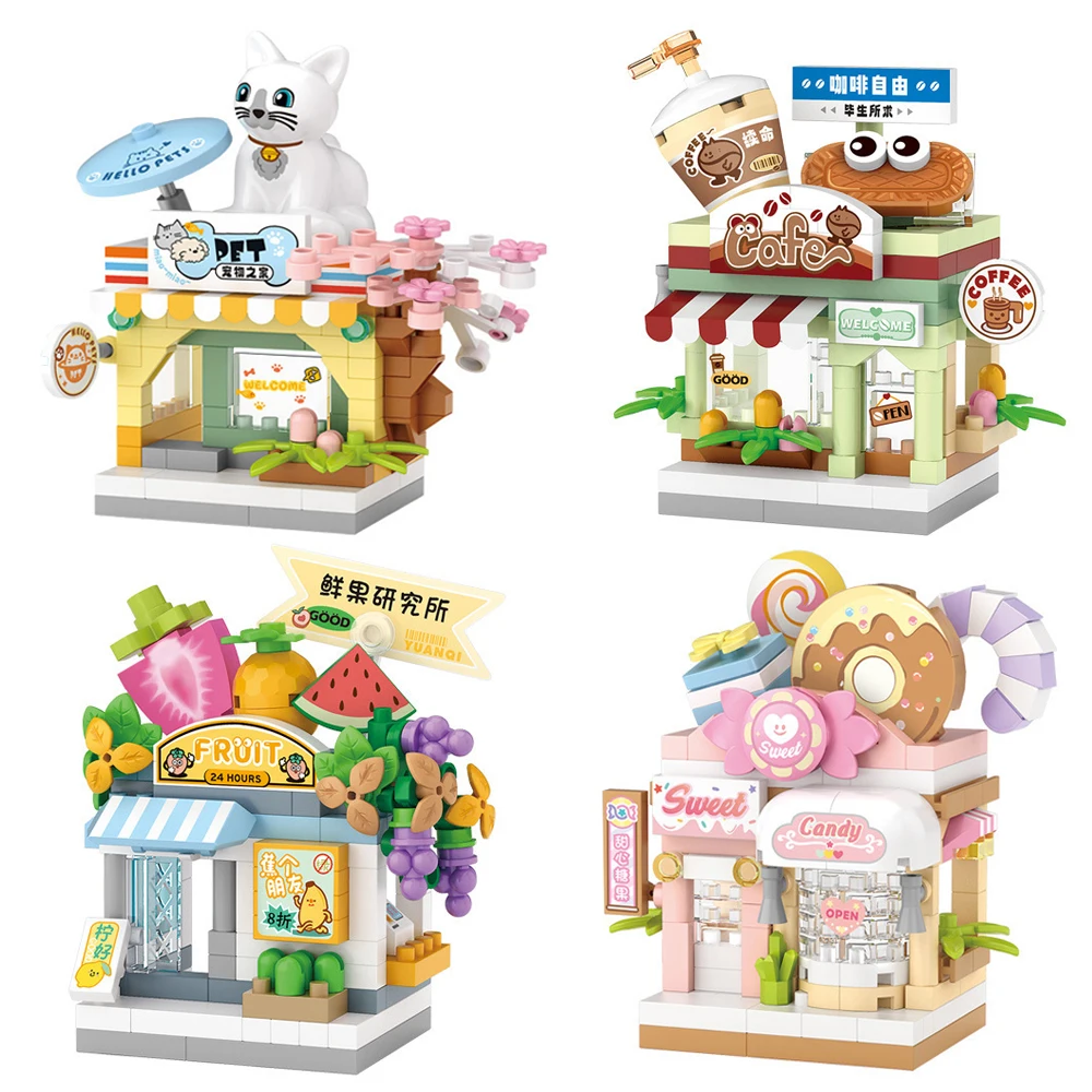 Cute Fun Shop Building Blocks Pet Fruit Sweet Candy Coffee House Micro Toy Model Puzzle Assembled Mini Ornament Children Gifts