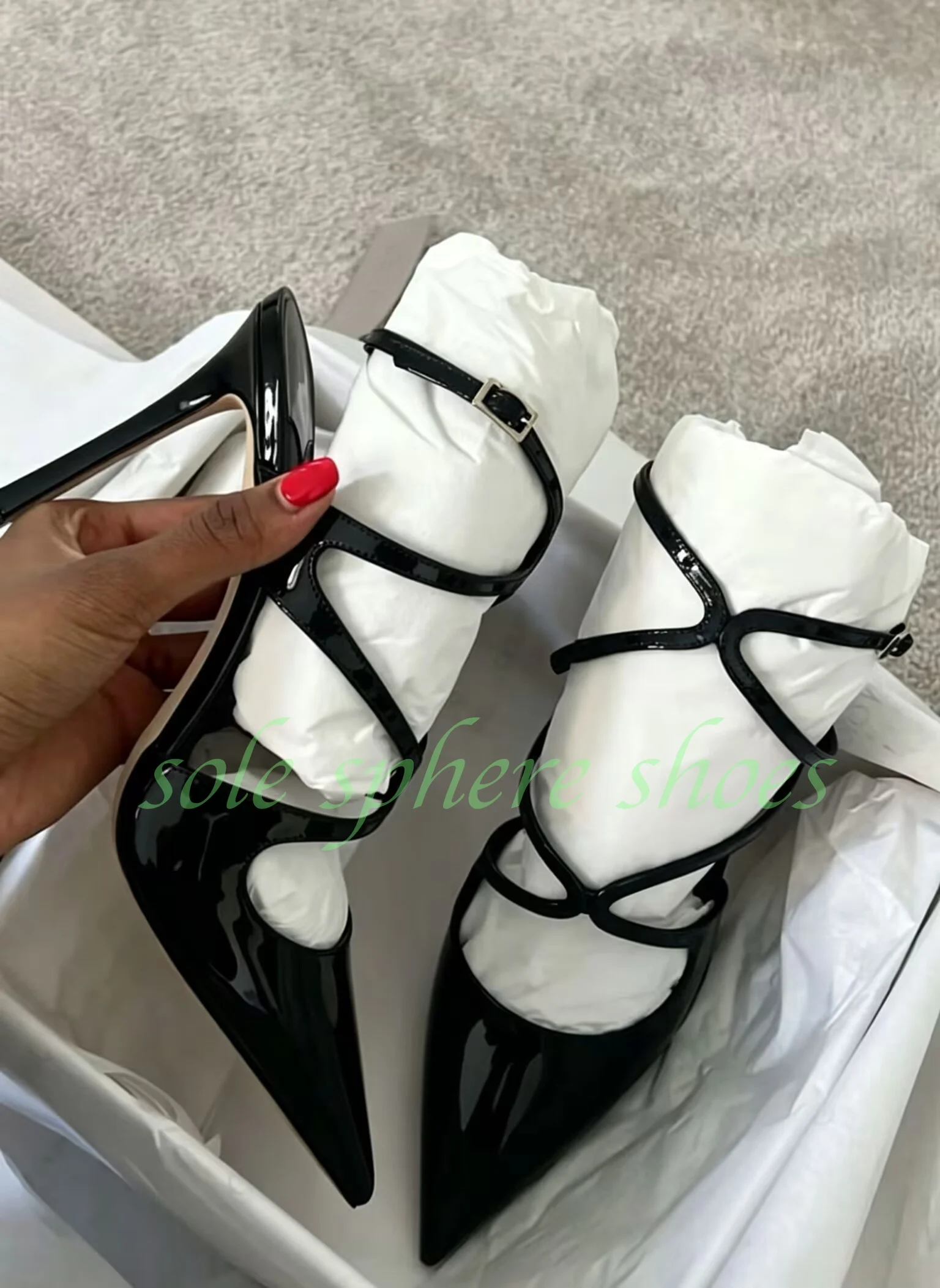 Women Black Trendy Mirror Pu Slingback Pumps Hollow Pointed Toe Cut-Out Patent Bridal Footwear Party Sexy Multi Thin Strap Pumps