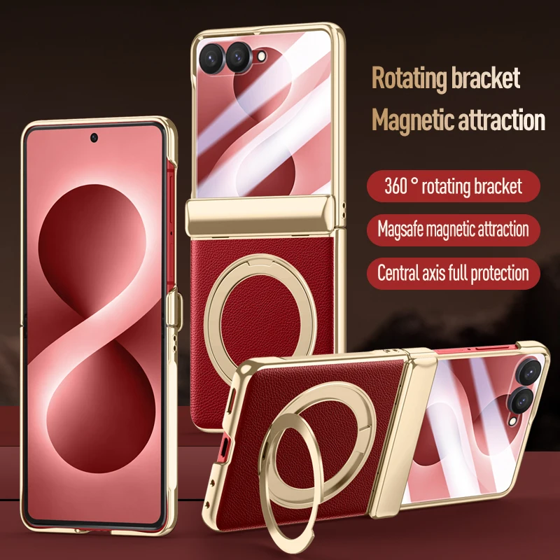 For Samsung Galaxy Z Flip 8 Case Luxury Matte Leather Hinge Rotating Bracket Magnetic Wireless Charging With Mirror Film Cover