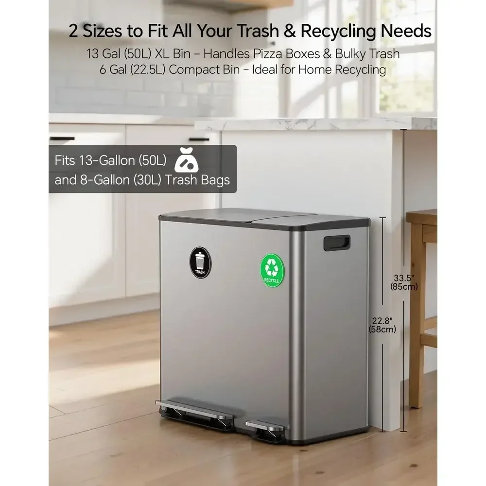 13+6 Gallon Dual Stainless Steel Trash and Recycling Bin for Kitchen Use, Ideal for Large Families with Soft Close Lid and Magne