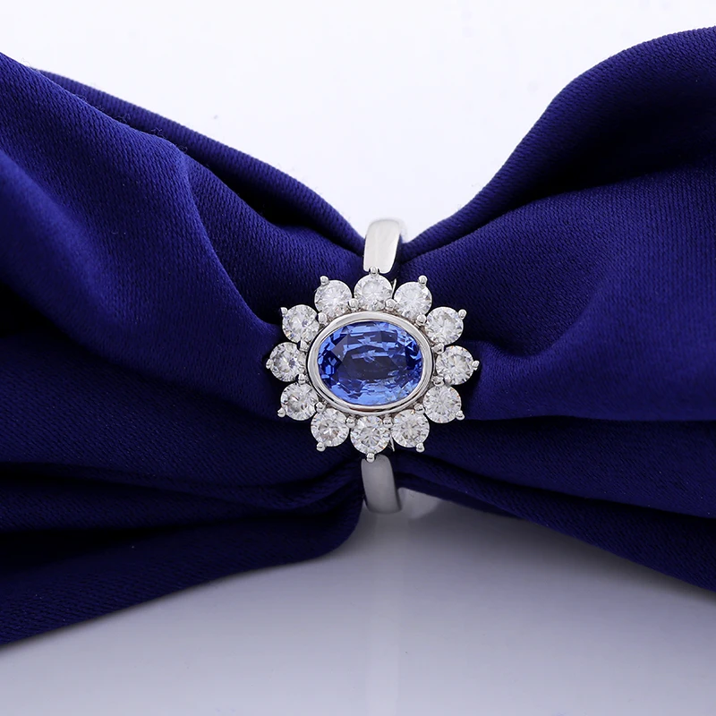 

Provence 10K/14K gold oval shaped lab sapphire rings for women classic cornflower blue flower halo wedding ring Anniversary Gift