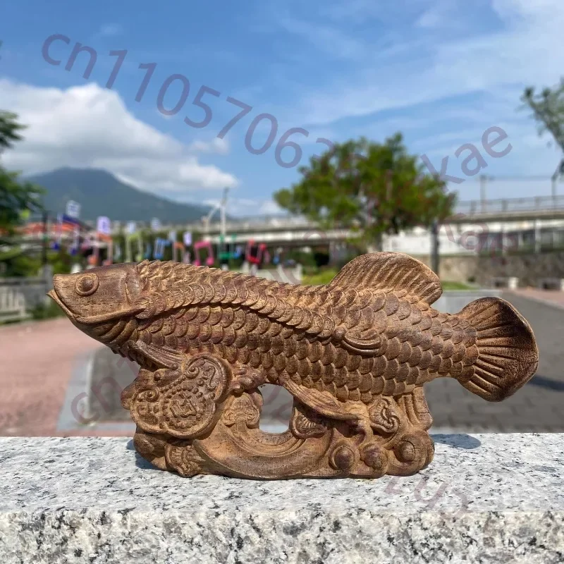 Solid Wood Arowana Statue, Hand Carved Lucky Fish Figurine, Prosperity Wealth Symbol for Home Office Decor, Housewarming