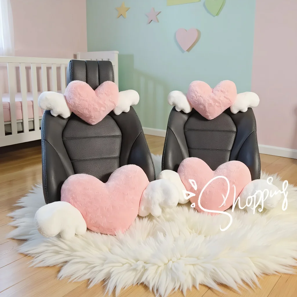 

Подголовник автомобиля Love Wings, плюшевая подушка для шеи - плюшевый стиль в форме сердца для аксессуаров для автомобильных сидений