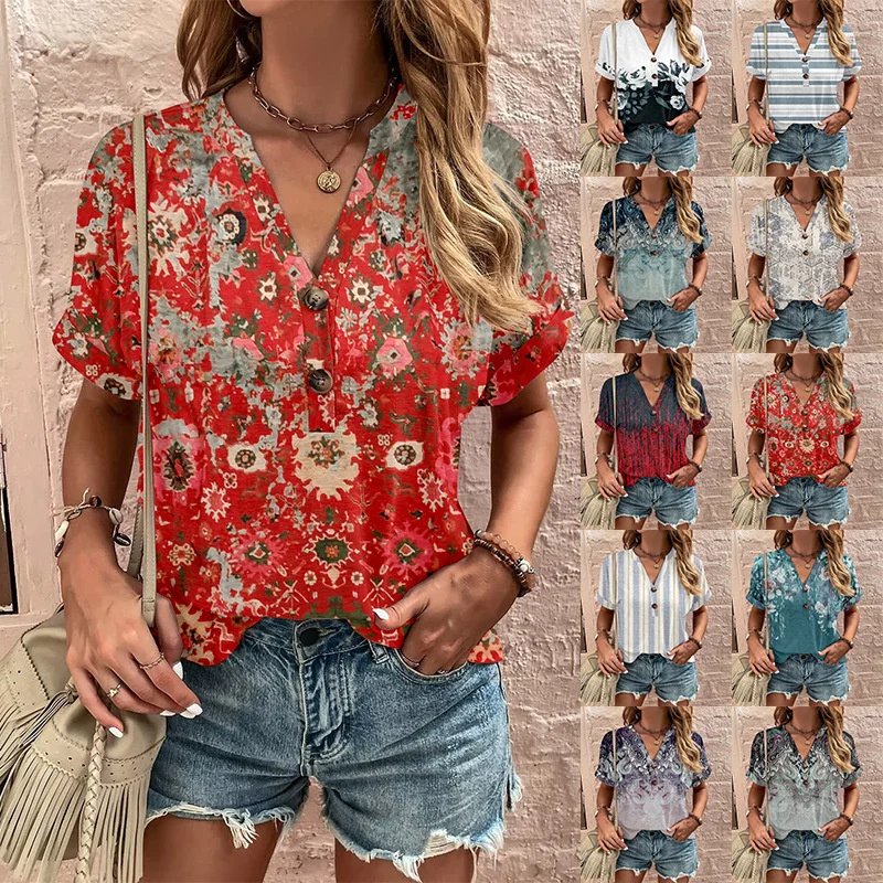 Blusa informal con estampado para mujer, cseta hoada de estilo callejero, Top con botones, cuello en V, manga corta de p...