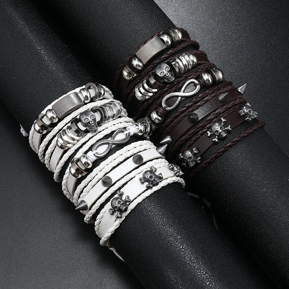 Eight-character Alloy Skull Head Infinite Symbol Cross-Border Style Leather Bracelet Set Men's Over-the-top Punk BraceletJewelry