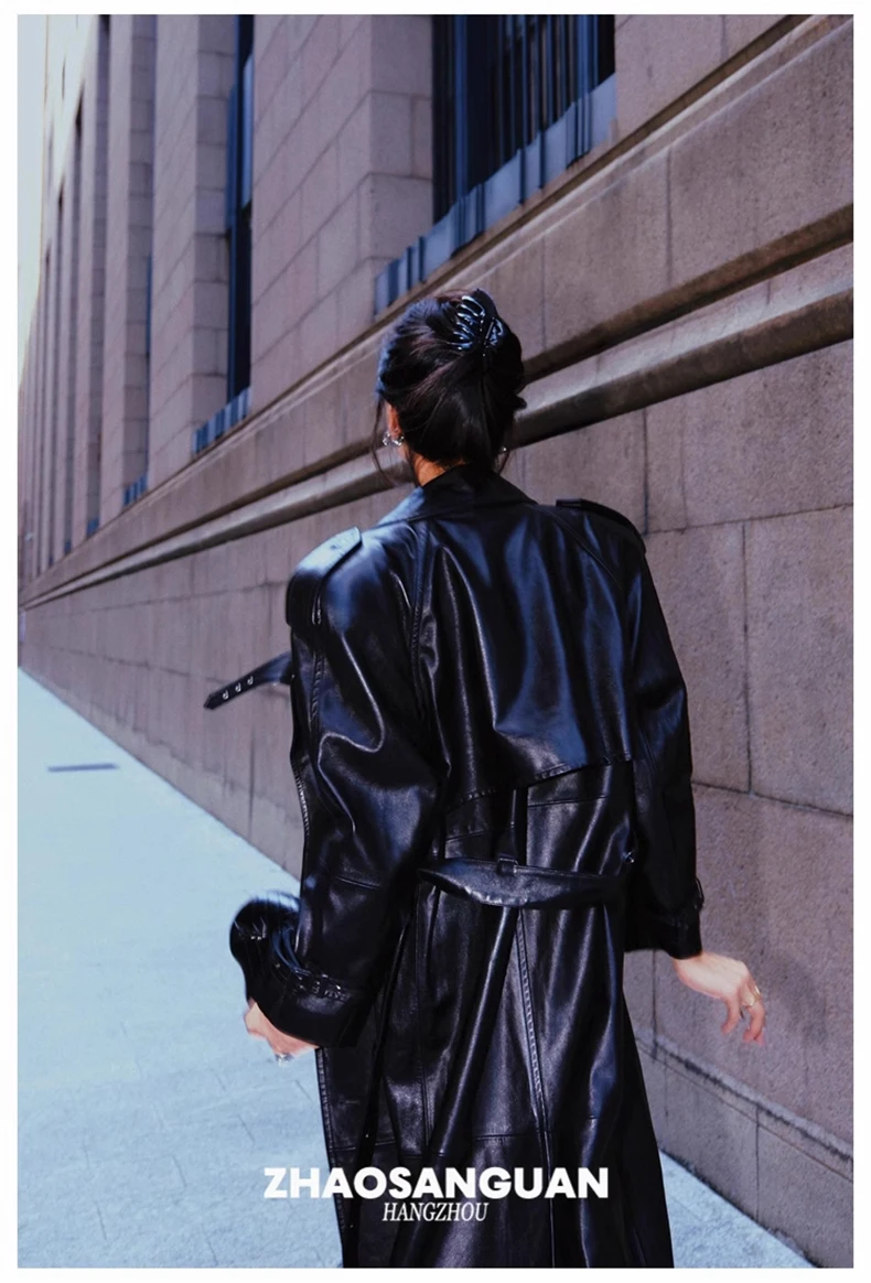 Lautaro Spring Autumn Cool Extra Long Black Loose Pu Leather Trench Coat for Women with Shoulder Pads Belt European Fashion 2024