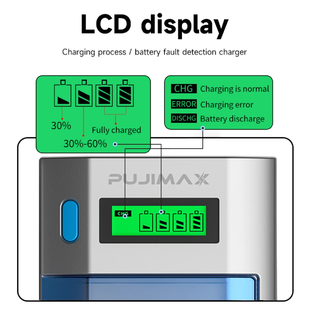 PUJIMAX AA/AAA/C/D Ni-MH/Ni-Cd Rechargeable Battery or 2pcs 9V Battery Intelligent Charger LCD Screen Display Charging Process