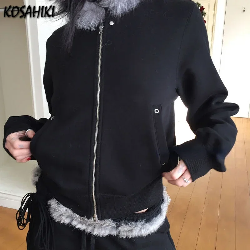 2024 Fur Patchwork Fashion Sweatshirts Vintage Grunge All Match Women\'s Coats Double Zippers Casual Hoodies Y2k Aesthetic Femme