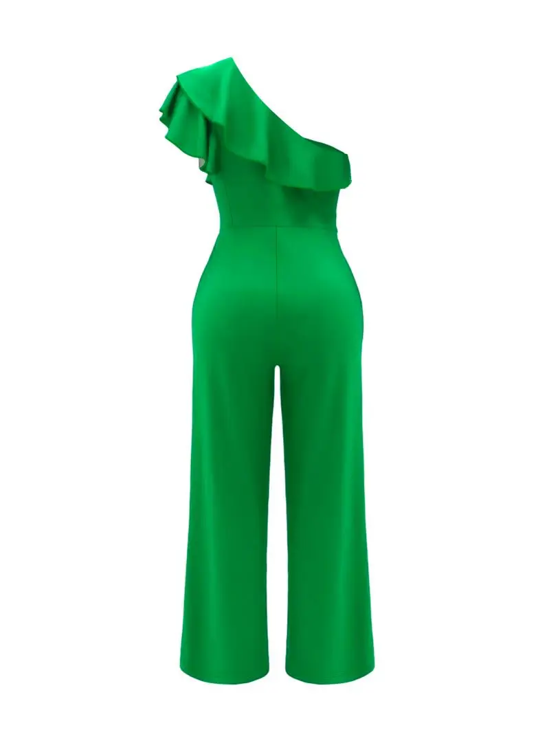 Single shoulder lotus leaf edge wide leg jumpsuit slim fit women's party dress jumpsuit