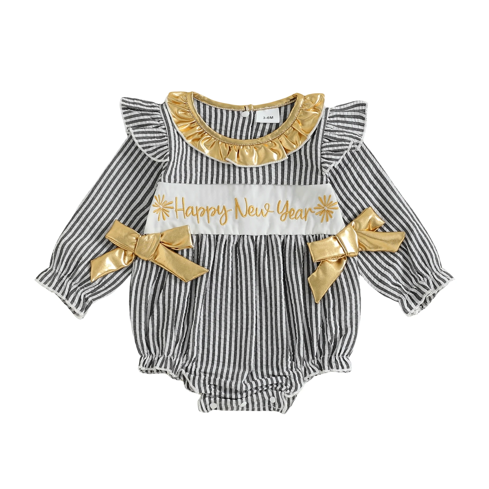 

Baby Girls New Year Romper Stripe Print Letter Embroidery Long Sleeve Ruffled Round Neck Jumpsuit