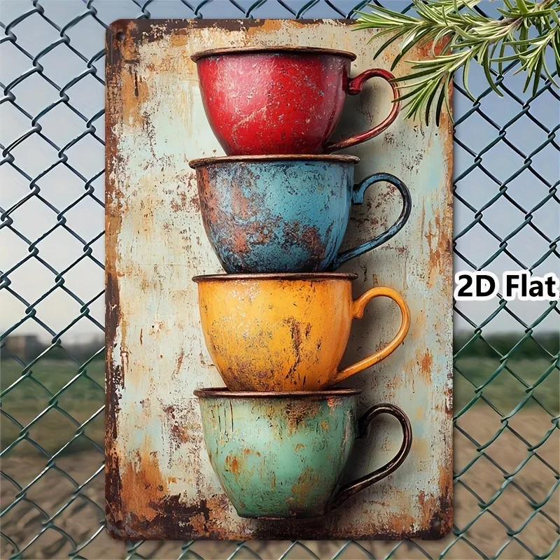 Vintage-Kaffeetassen, 2D-Flachmetallschild, 20,32 x 30,48 cm, rustikale Café-Küche, Kaffeebar, Wanddekoration
