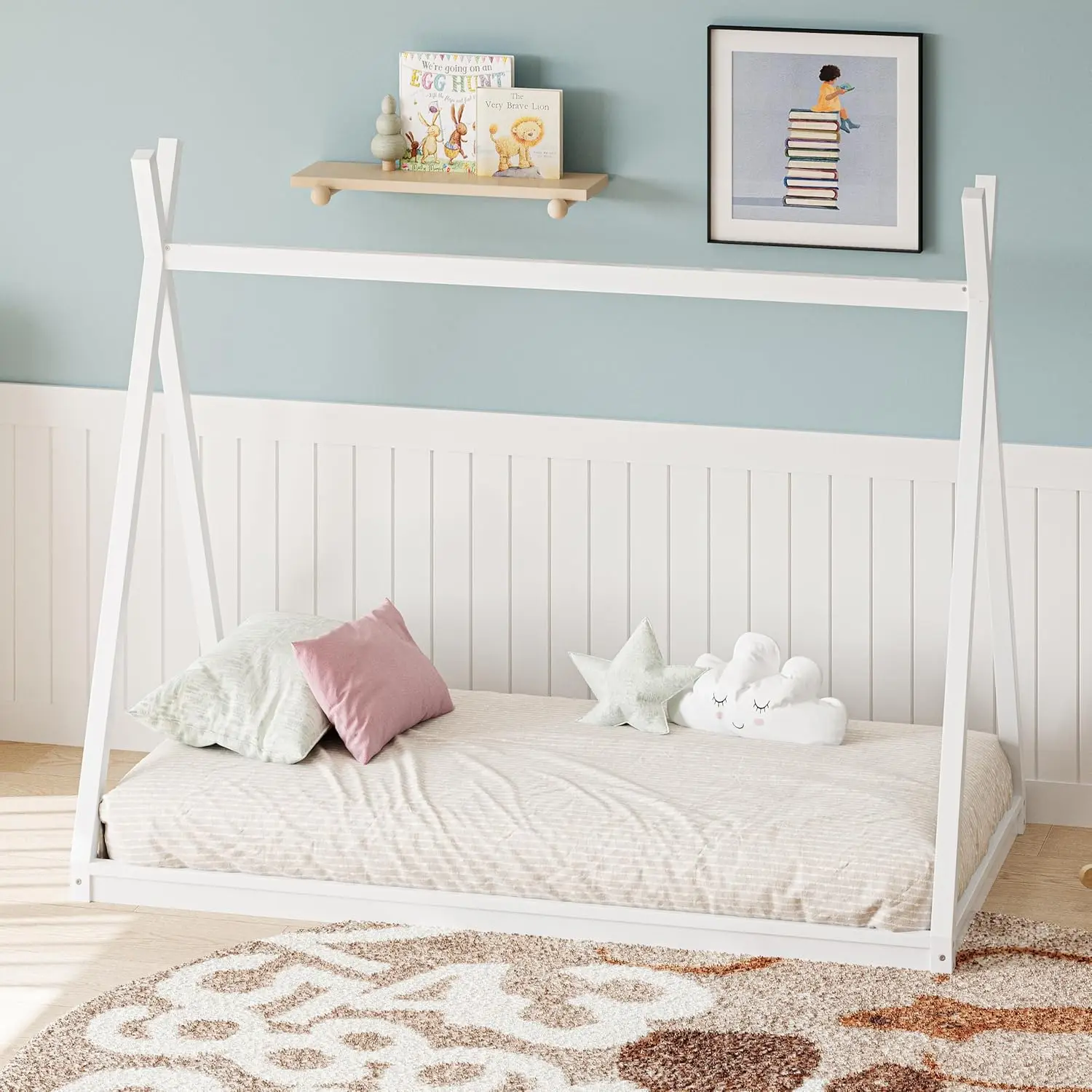 

Twin House Floor Bed with Tent, Wood Teepee Bed Twin Size Floor Beds for Kids, Wood Low Montessori Bed Frame for, Customized