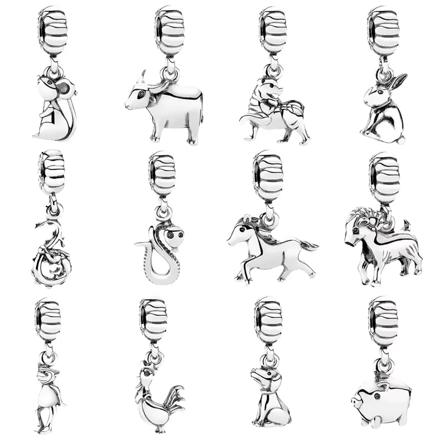 Twelve Zodiac Series Pendant Dragon Dog Pig Sheep Charm Bead Fit Original 925 Sterling Silver European Bracelet DIY Jewelry Gift