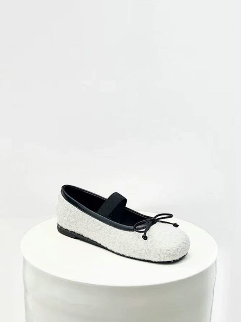 

New Style Women's Casual Bowknot Strap Mary Jane Furry Shoes Ballet Plush Slip On Flat Single Shoes Large Size