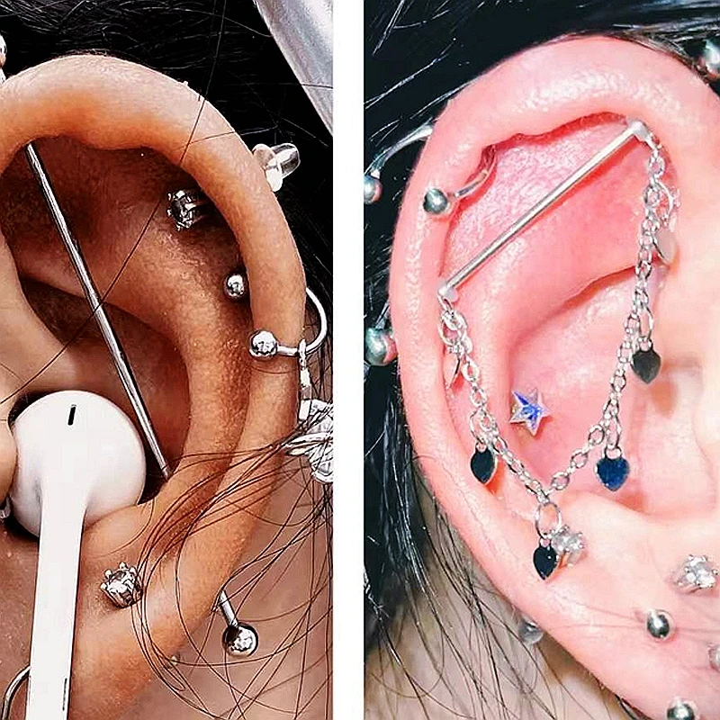 Punk stal chirurgiczna przemysłowe Piercing sztanga odpinany łańcuch podwójna śruba z łbem kulkowym Helix kolczyki na chrząstkę Body jewelry