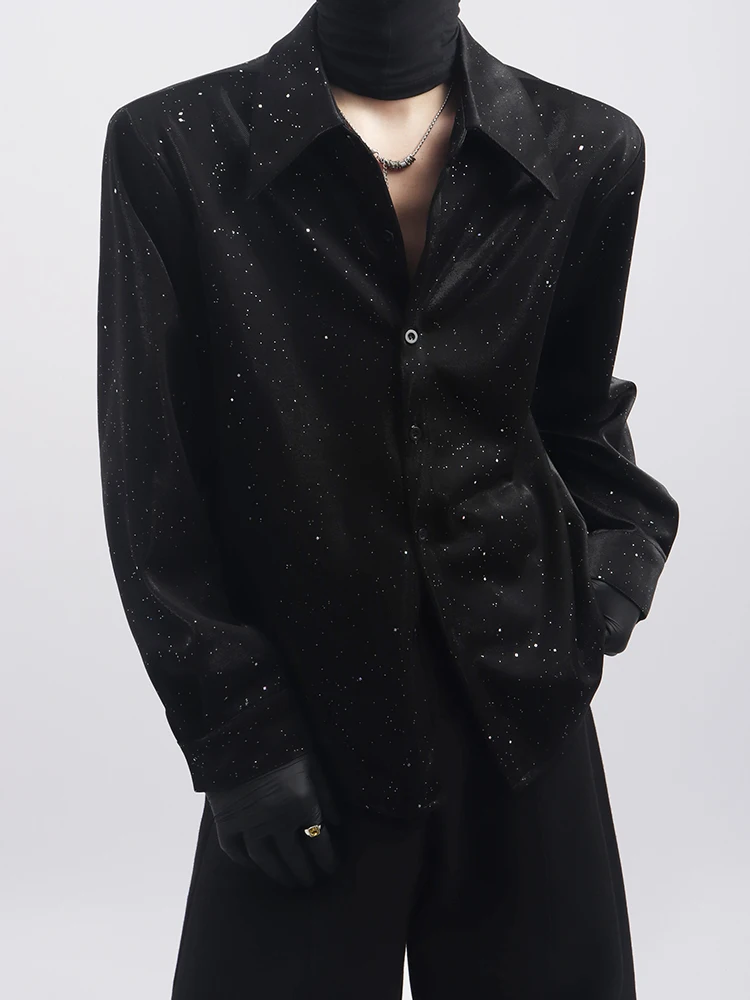 Korean Fashion Trendy Men's High-End Sequin Long-Sleeve Shirt Handsome  Casual Versatile Turn-Down Collar Long-Sleeve Shirt