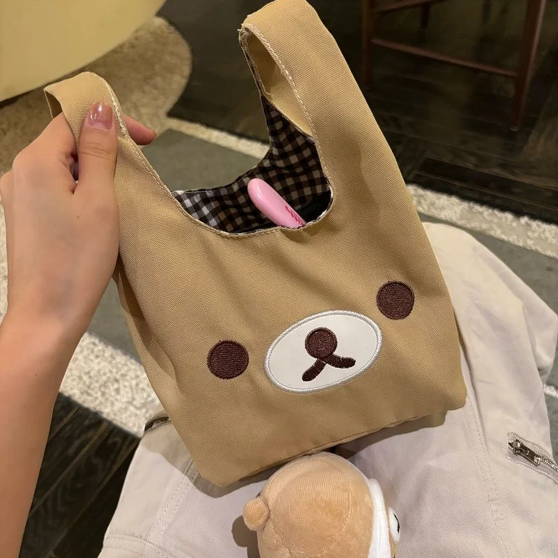Cartoon Bear Mini Hand Tote Purse Canvas Wrist Bag Plaid Lining Daily Commute Small Bag