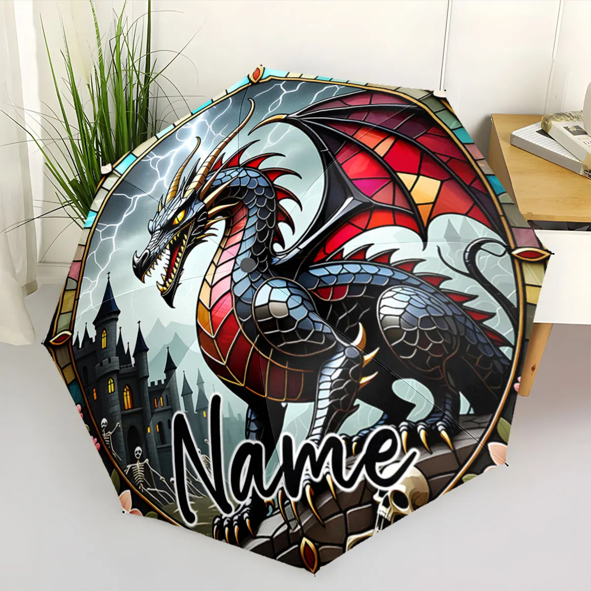 Custom Name Dragon and Castle Fantasy Umbrella Design Print 8 Iron Ribs Folding Umbrella Auto-Open Fashion Sunshade