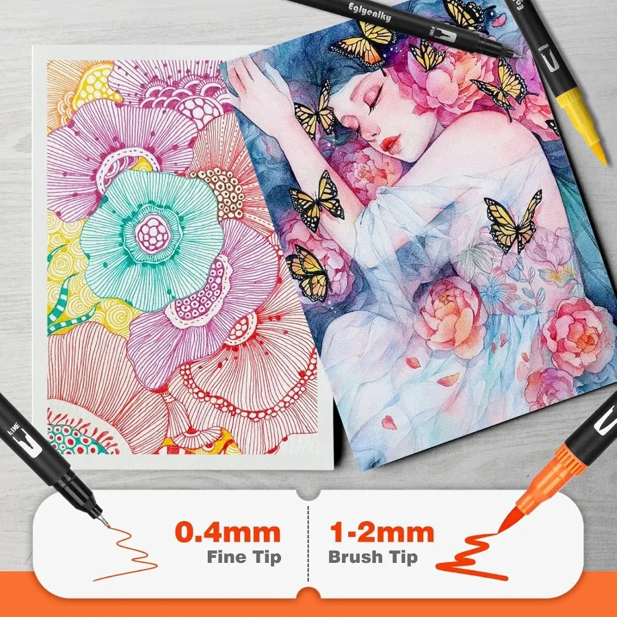 أقلام تحديد ذات فرشاة مزدوجة للكبار وكتب التلوين 100 لون نابض بالحياة مع نقطة دقيقة وتصميم طرف الفرشاة مثالي للتفصيل #4