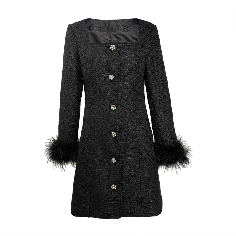 

2024 Newest Lady Elegant Tweed Wear Sexy Square Neckline Single-breasted Feathers Long Sleeve Wome Short Mini Black Dress