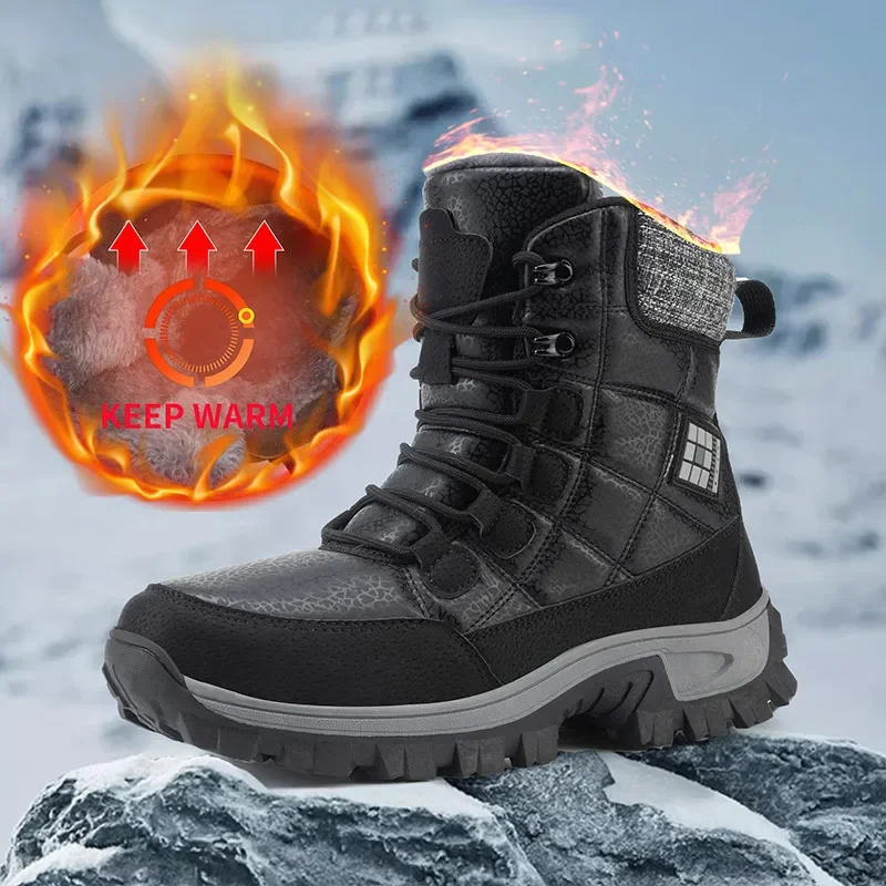 New Warm Plush Men\'s Snow Boots Lace Up High Top Men\'s Boots Waterproof Winter Ankle Boots Outdoor Anti-Slip Men Hiking Boots
