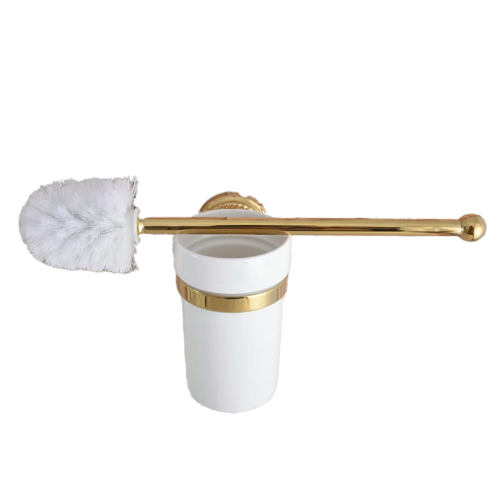 Wall Mounted Luxury Gold Color Brass Bathroom Toilet Brush Holder Set Bathroom Accessory Single Ceramic Cup mba595