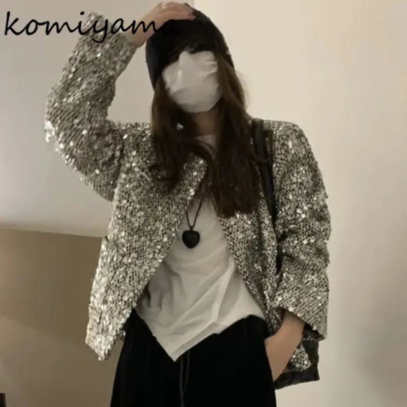 

Spliced Sequin Tweed Chaquetas Mujer Loose O-Neck Woman 2025 Clothing Long Sleeve Outerwears Spring Autumn New Casaco Jacket