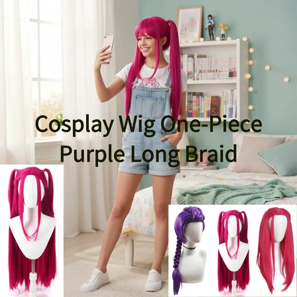 Treccia lunga viola da 33,5 pollici con coda di cavallo laterale Morsetto per bocca di tigre integrato Parrucca per bambini Festa in costume di Halloween Anime Cosplay