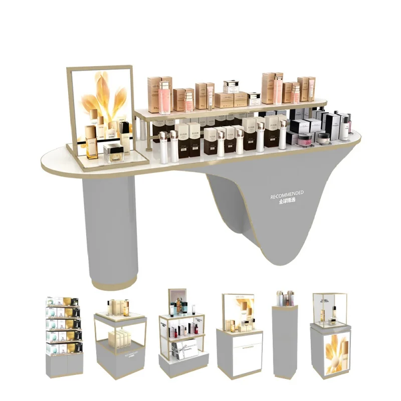 custom.Modern Luxury Cosmetic Island Shelve Retail Makeup Display Counter Promotion Showcase Rack Beauty Central Showcase