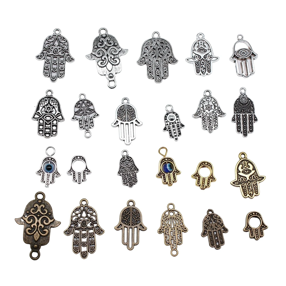 10pcs Fatima Hand Hamsa Palm Protection Tibetan Bronze Silver Color Pendants Antique Making DIY Handmade Craft
