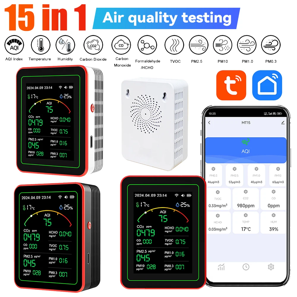 

WiFi 15 in 1 Indoor Air Quality Monitor APP Control Portable AQI PM0.3 PM1.0 PM2.5 PM10 Tester Household CO CO2 TVOC HCHO Tester