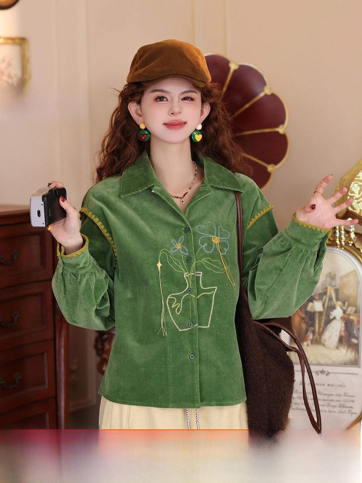 

een irt Women's Thi Long Sve Versatile Cotton Polyester Blend Retro Sle Embroidered Plant Floral Print Casual irt