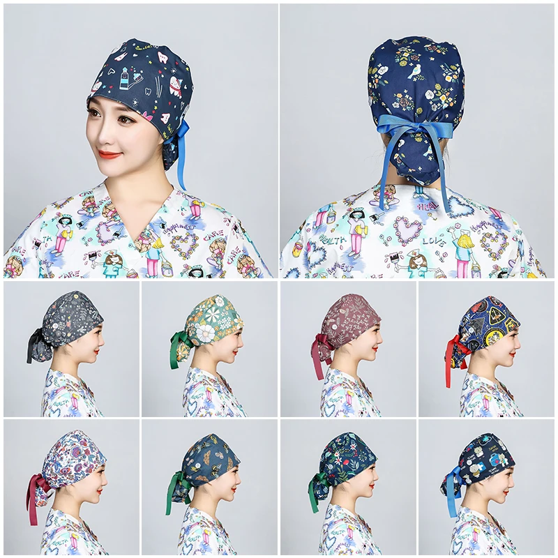 Printed Surgical Cap Scrub Cotton With Button Doctor Wrap Long Hair Adjustable Lace-up Women Beauty Care Hospital Accessories