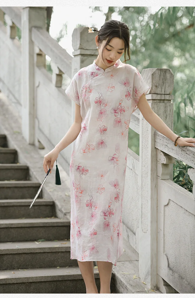 

Modern Chinese Dress Ramie Qipao Vintage Printed Cheongsam Summer