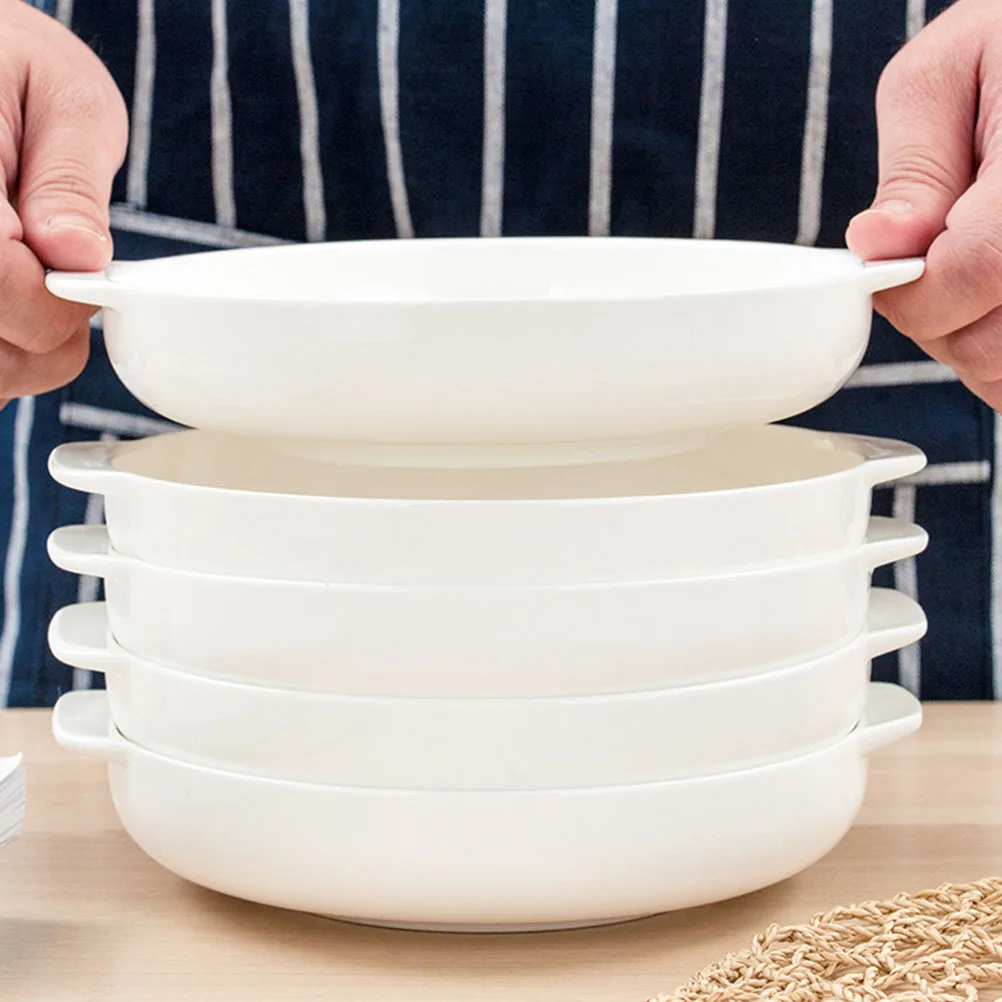 

Kichvoe Ceramic Round Baking Pan Dish Microwave Safe Soup Bowl White with Handle