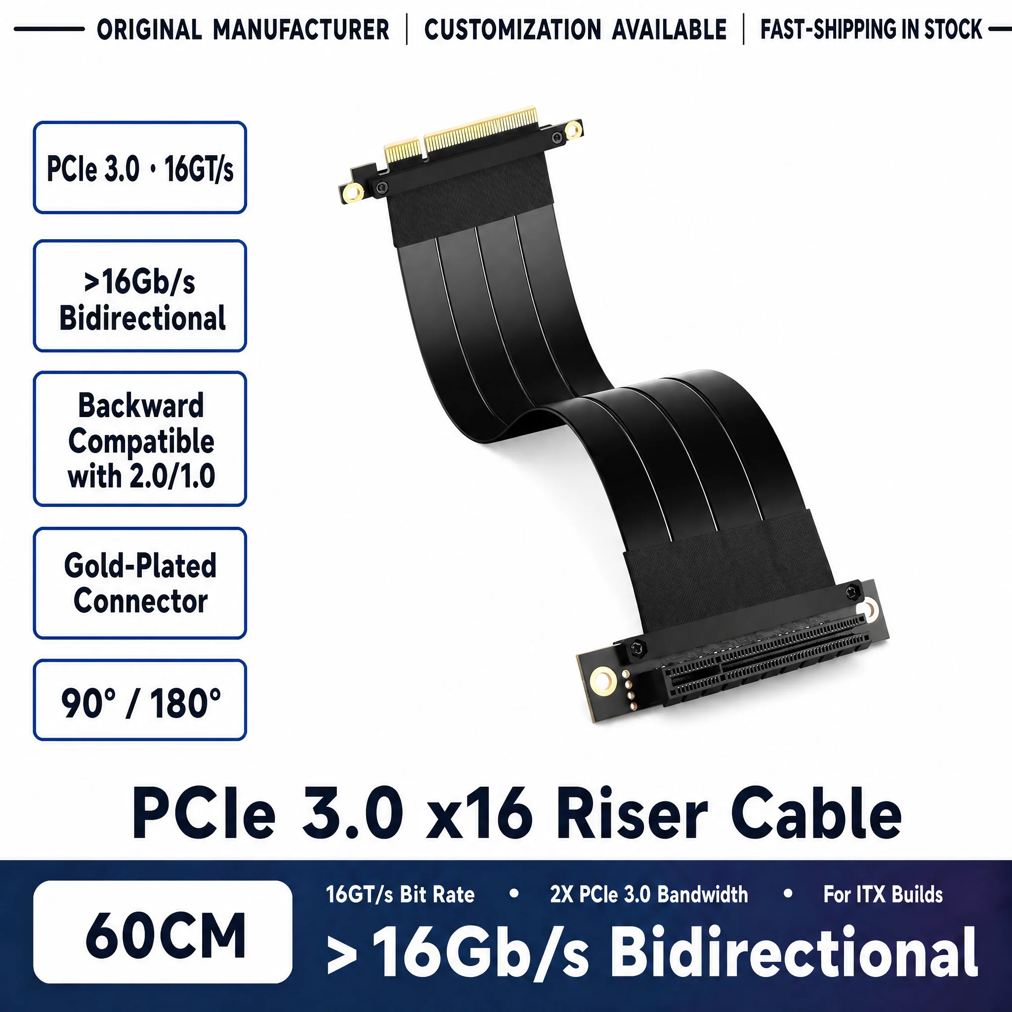 PCIe 3.0 X16 Riser Cable 60 cm High Speed GPU Graphics Card Extension Wire EMI Shielded Ribbon Cable for Gaming PC & Mining Rig