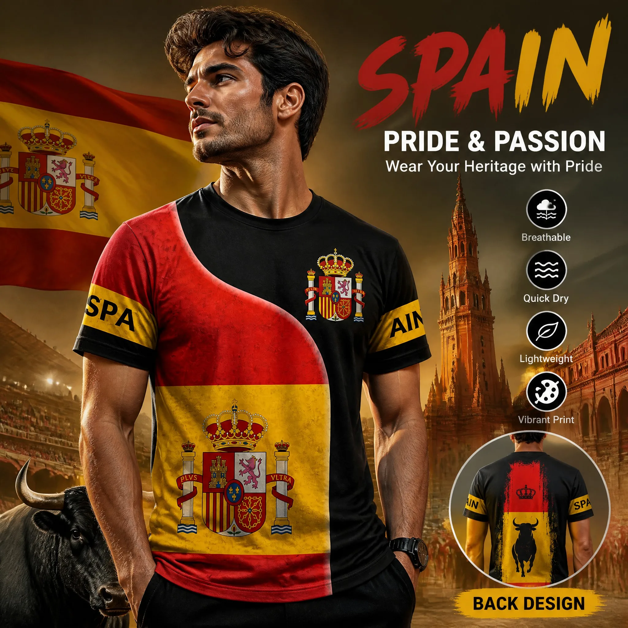 Camiseta de Manga Corta con Cuello Redondo para Hombre, Diseño Gráfico de España, Color Negro y Rojo, Estampado de Toro en la Espalda, Transpirable, Informal, Veraniega, Estilo Heritage