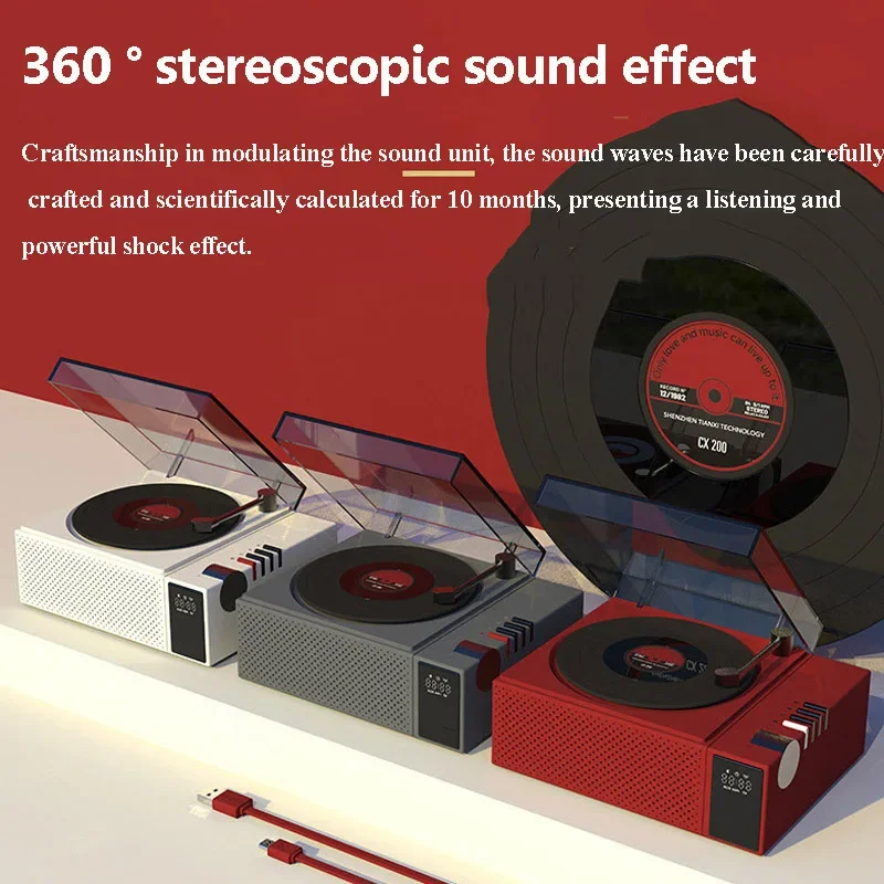 CX-200 alto-falantes portáteis bluetooth sem fio leitor de música relógio subwoofer atmosfera lâmpada retro nostálgico record player alto-falantes